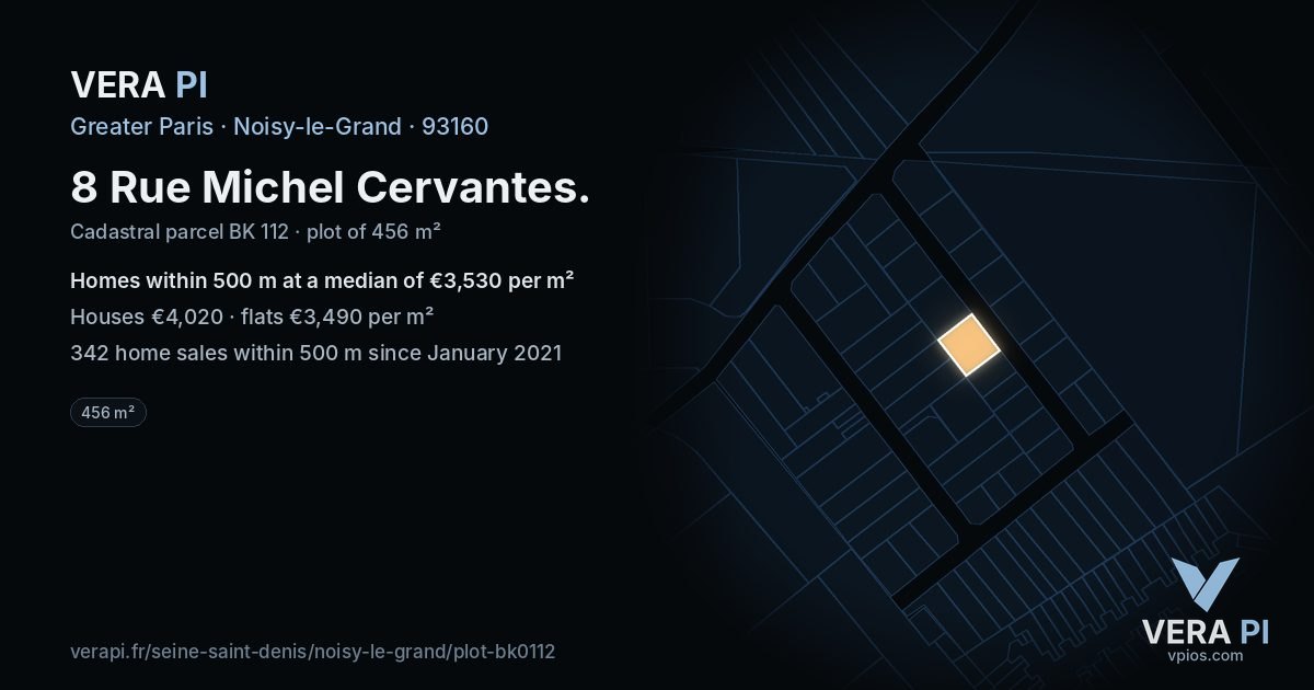 8 Rue Michel Cervantes, Noisy-le-Grand at night – the plot lit, the parcels around coloured by the prices near them