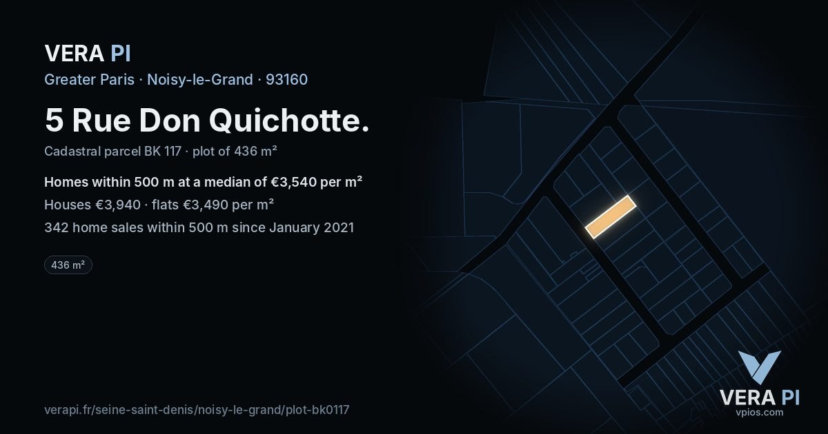5 Rue Don Quichotte, Noisy-le-Grand at night – the plot lit, the parcels around coloured by the prices near them