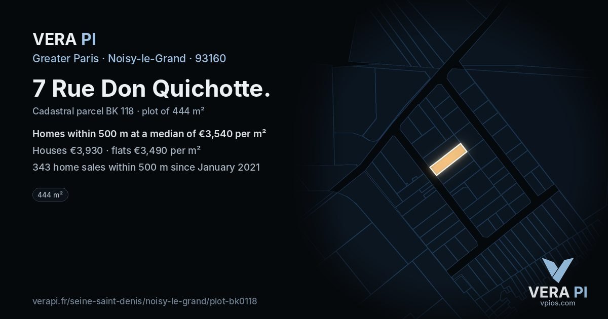 7 Rue Don Quichotte, Noisy-le-Grand at night – the plot lit, the parcels around coloured by the prices near them