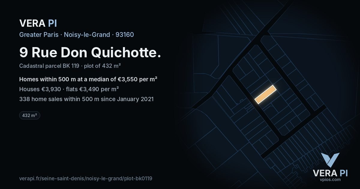 9 Rue Don Quichotte, Noisy-le-Grand at night – the plot lit, the parcels around coloured by the prices near them