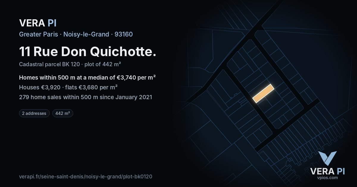 11 Rue Don Quichotte, Noisy-le-Grand at night – the plot lit, the parcels around coloured by the prices near them
