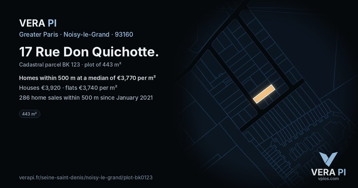 17 Rue Don Quichotte, Noisy-le-Grand at night – the plot lit, the parcels around coloured by the prices near them