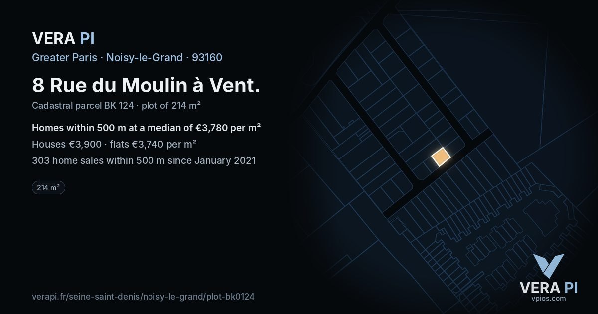 8 Rue du Moulin à Vent, Noisy-le-Grand at night – the plot lit, the parcels around coloured by the prices near them