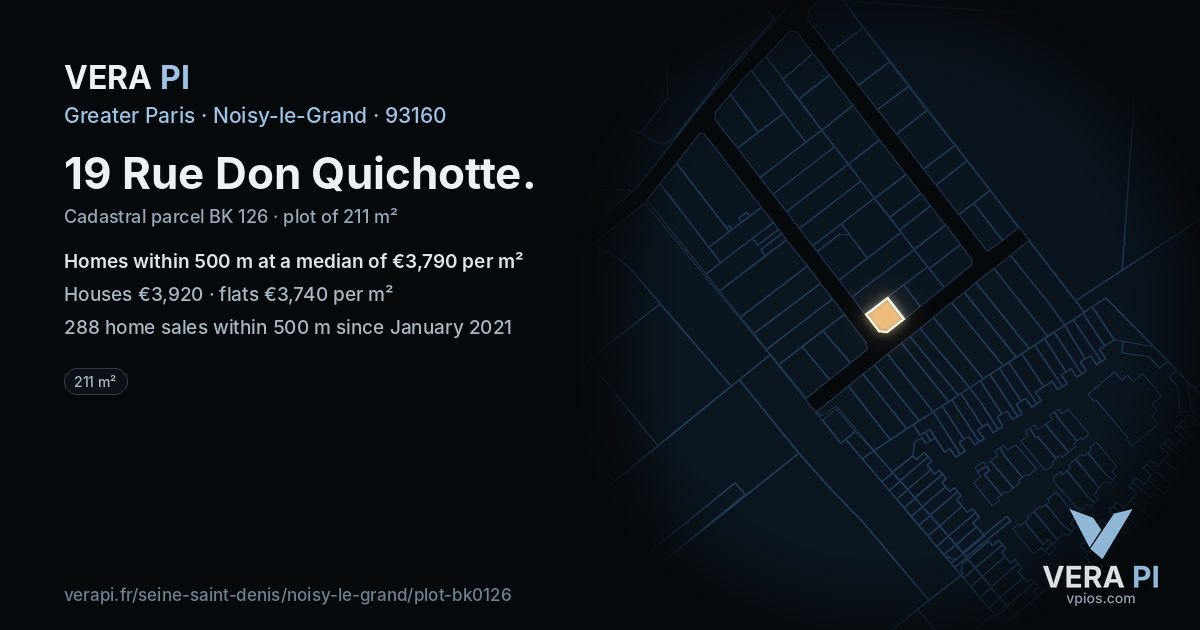 19 Rue Don Quichotte, Noisy-le-Grand at night – the plot lit, the parcels around coloured by the prices near them