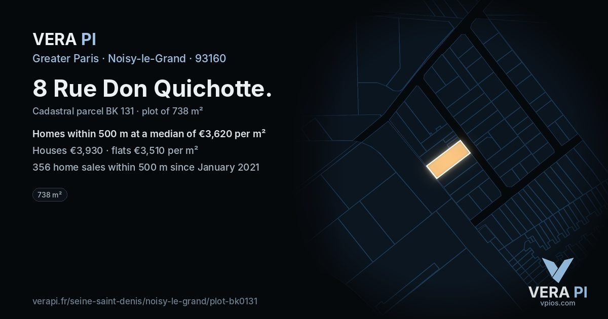 8 Rue Don Quichotte, Noisy-le-Grand at night – the plot lit, the parcels around coloured by the prices near them