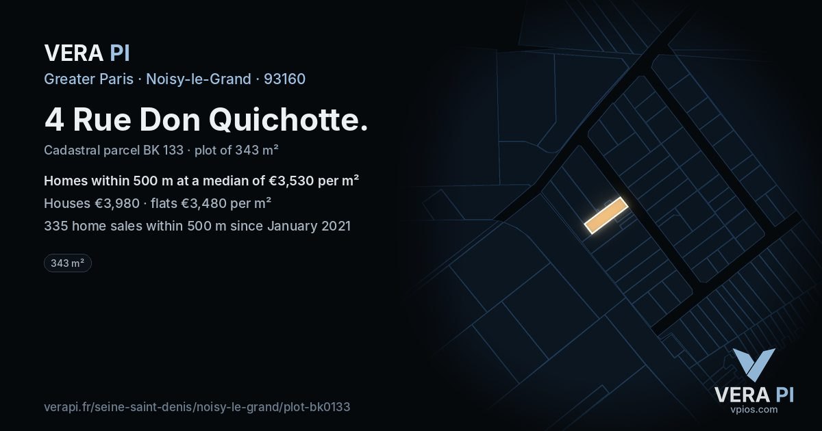 4 Rue Don Quichotte, Noisy-le-Grand at night – the plot lit, the parcels around coloured by the prices near them