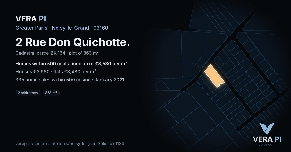 2 Rue Don Quichotte, Noisy-le-Grand at night – the plot lit, the parcels around coloured by the prices near them