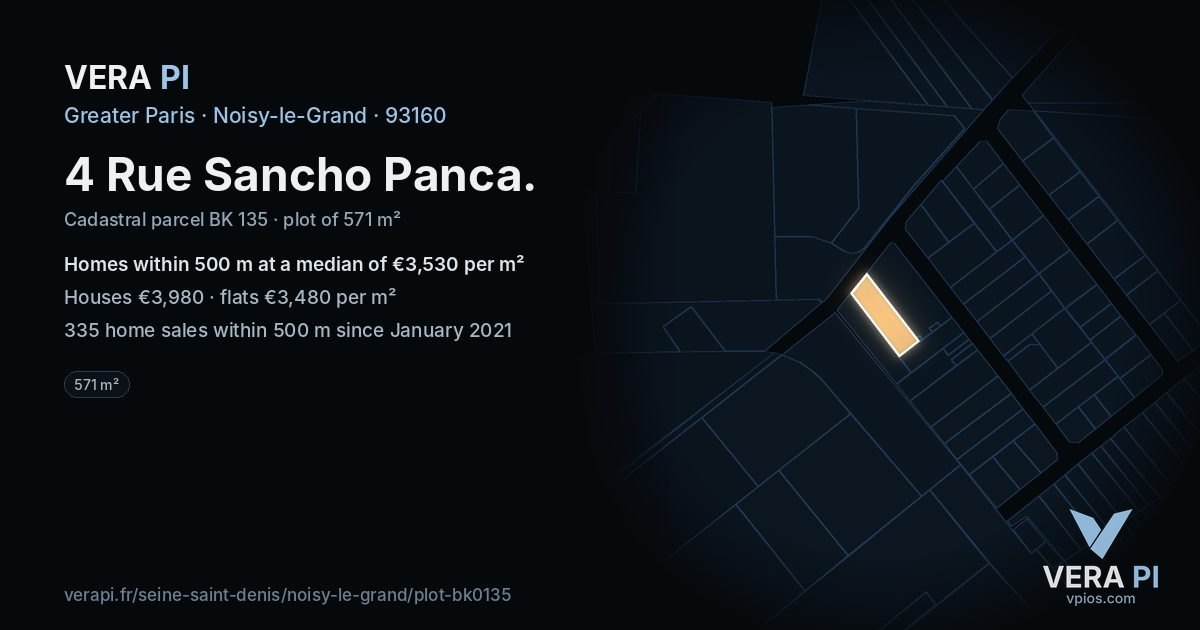 4 Rue Sancho Panca, Noisy-le-Grand at night – the plot lit, the parcels around coloured by the prices near them
