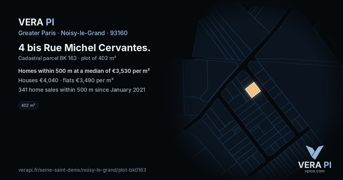 4 bis Rue Michel Cervantes, Noisy-le-Grand at night – the plot lit, the parcels around coloured by the prices near them