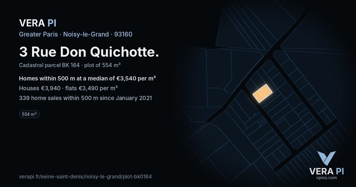 3 Rue Don Quichotte, Noisy-le-Grand at night – the plot lit, the parcels around coloured by the prices near them