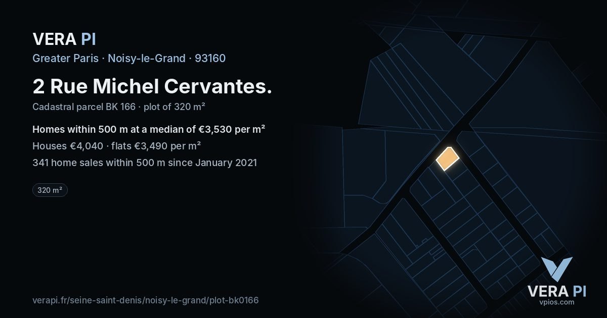 2 Rue Michel Cervantes, Noisy-le-Grand at night – the plot lit, the parcels around coloured by the prices near them