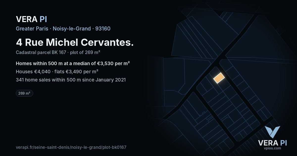 4 Rue Michel Cervantes, Noisy-le-Grand at night – the plot lit, the parcels around coloured by the prices near them