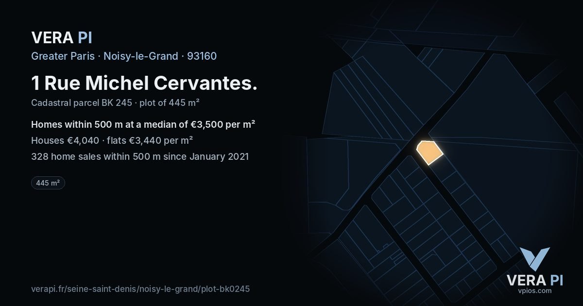 1 Rue Michel Cervantes, Noisy-le-Grand at night – the plot lit, the parcels around coloured by the prices near them