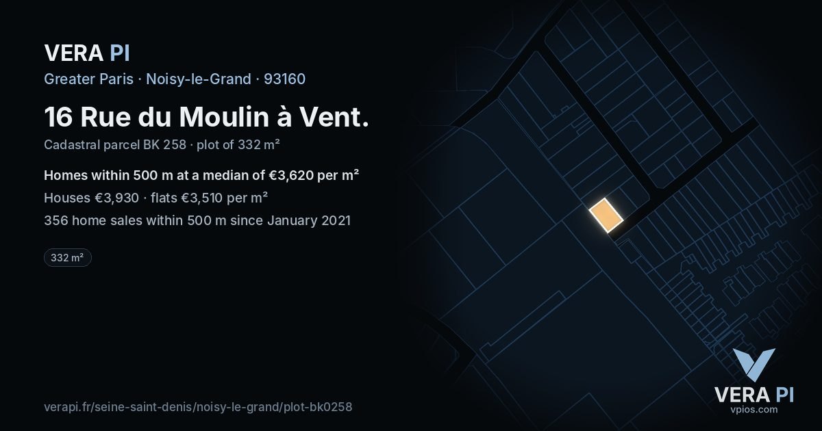 16 Rue du Moulin à Vent, Noisy-le-Grand at night – the plot lit, the parcels around coloured by the prices near them