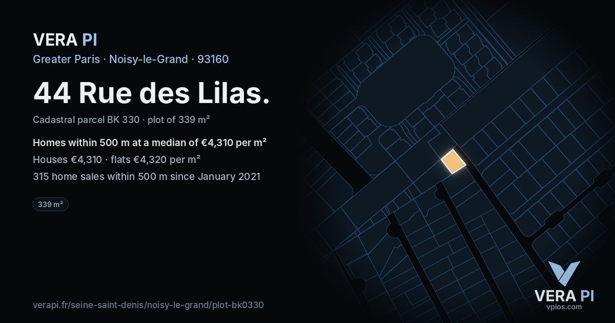 44 Rue des Lilas, Noisy-le-Grand at night – the plot lit, the parcels around coloured by the prices near them