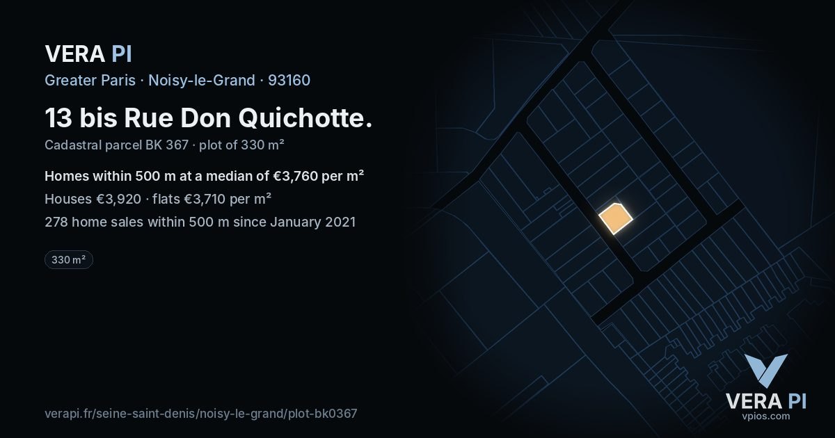 13 bis Rue Don Quichotte, Noisy-le-Grand at night – the plot lit, the parcels around coloured by the prices near them