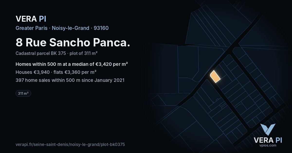 8 Rue Sancho Panca, Noisy-le-Grand at night – the plot lit, the parcels around coloured by the prices near them