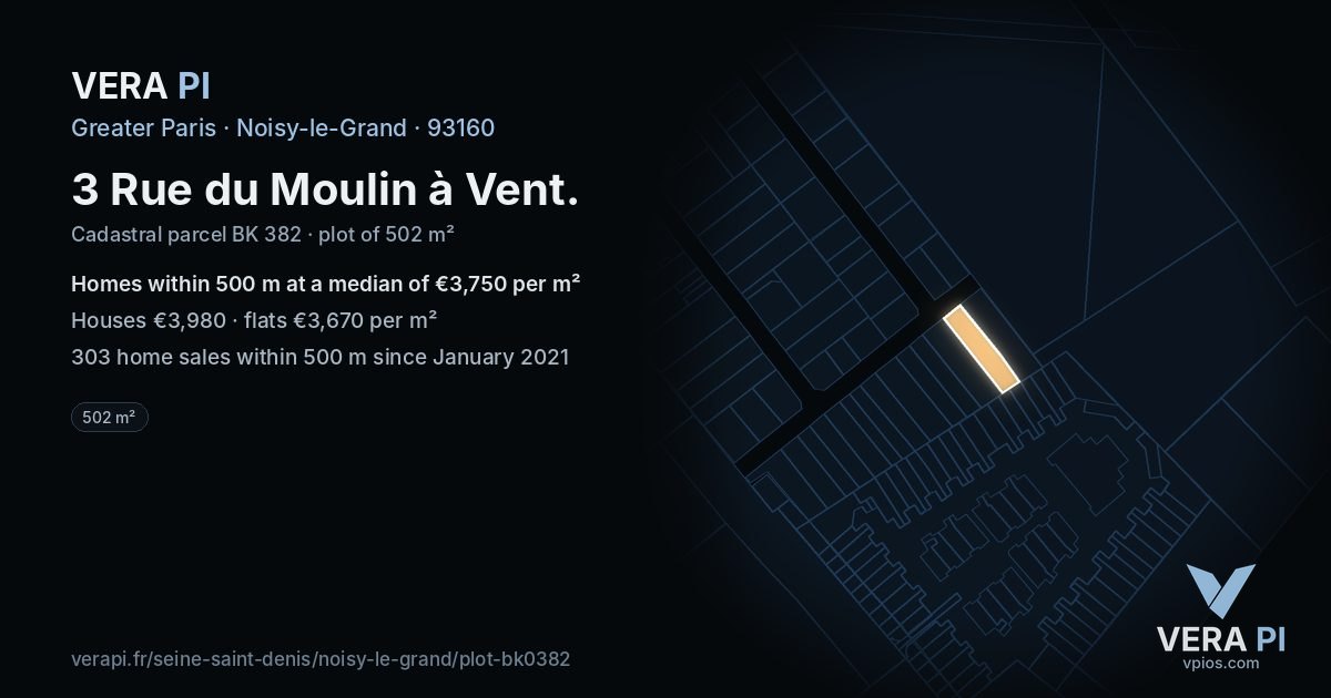 3 Rue du Moulin à Vent, Noisy-le-Grand at night – the plot lit, the parcels around coloured by the prices near them