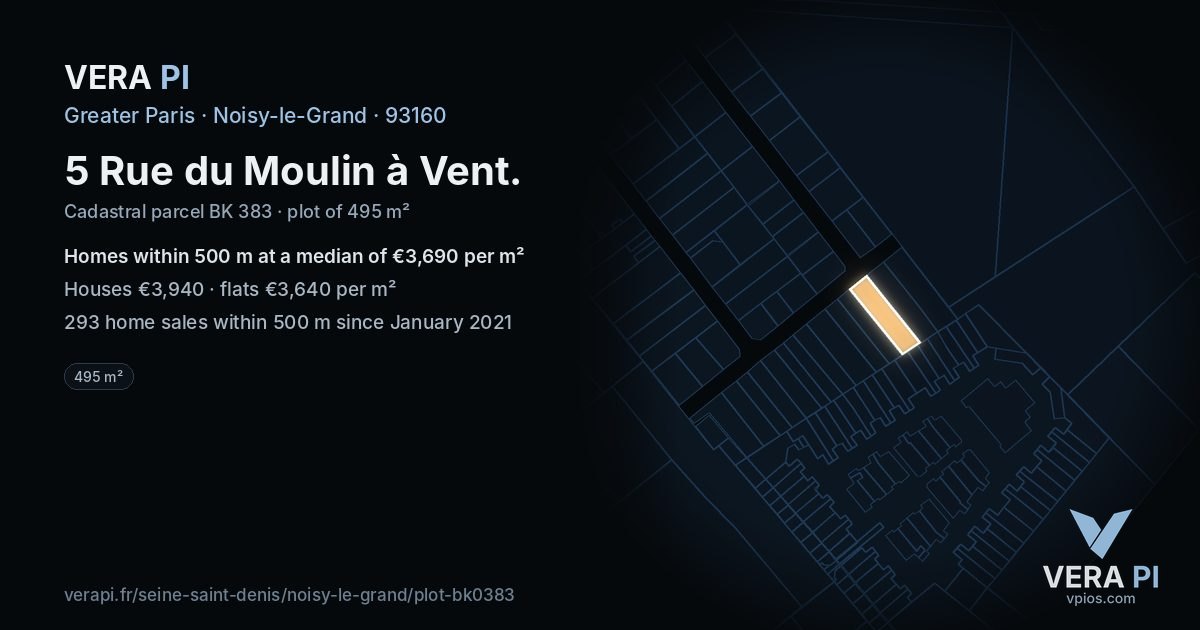 5 Rue du Moulin à Vent, Noisy-le-Grand at night – the plot lit, the parcels around coloured by the prices near them