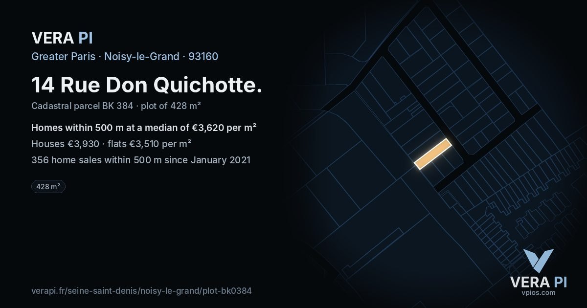 14 Rue Don Quichotte, Noisy-le-Grand at night – the plot lit, the parcels around coloured by the prices near them