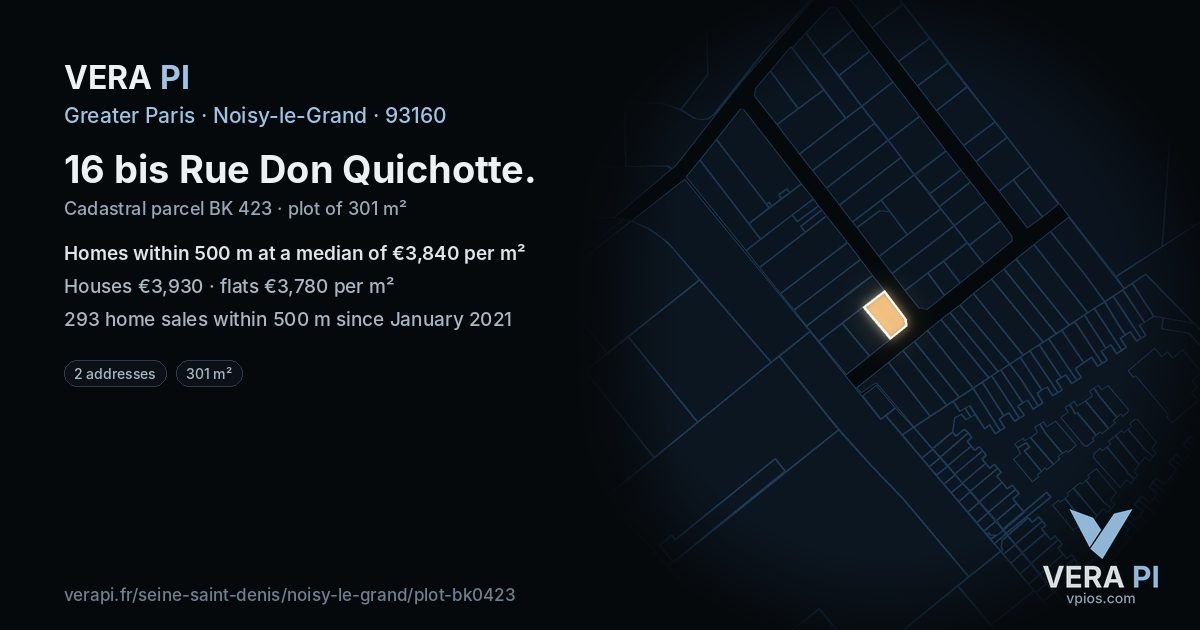 16 bis Rue Don Quichotte, Noisy-le-Grand at night – the plot lit, the parcels around coloured by the prices near them