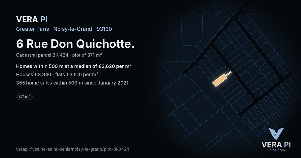 6 Rue Don Quichotte, Noisy-le-Grand at night – the plot lit, the parcels around coloured by the prices near them