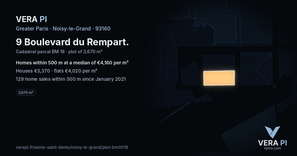9 Boulevard du Rempart, Noisy-le-Grand at night – the plot lit, the parcels around coloured by the prices near them