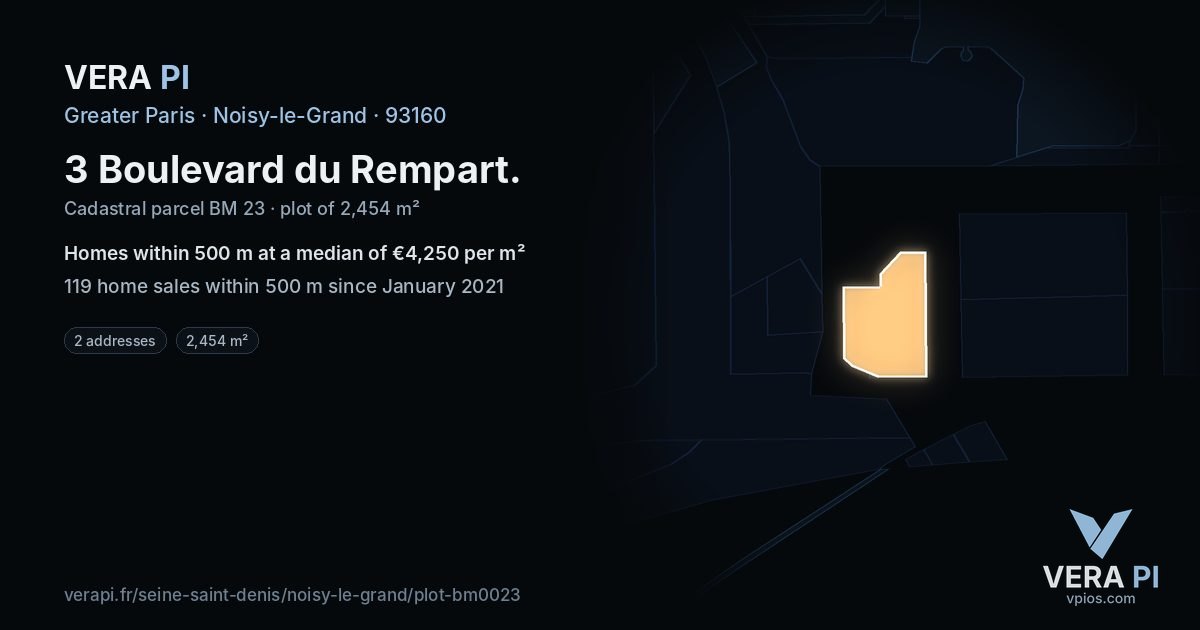 3 Boulevard du Rempart, Noisy-le-Grand at night – the plot lit, the parcels around coloured by the prices near them