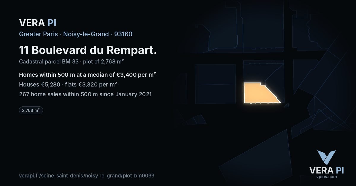 11 Boulevard du Rempart, Noisy-le-Grand at night – the plot lit, the parcels around coloured by the prices near them