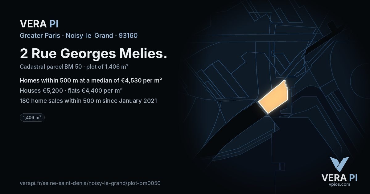 2 Rue Georges Melies, Noisy-le-Grand at night – the plot lit, the parcels around coloured by the prices near them