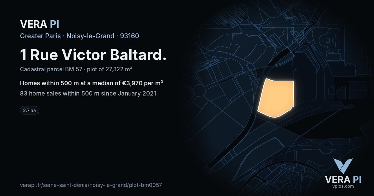 1 Rue Victor Baltard, Noisy-le-Grand at night – the plot lit, the parcels around coloured by the prices near them