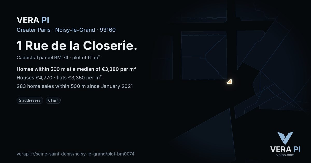 1 Rue de la Closerie, Noisy-le-Grand at night – the plot lit, the parcels around coloured by the prices near them