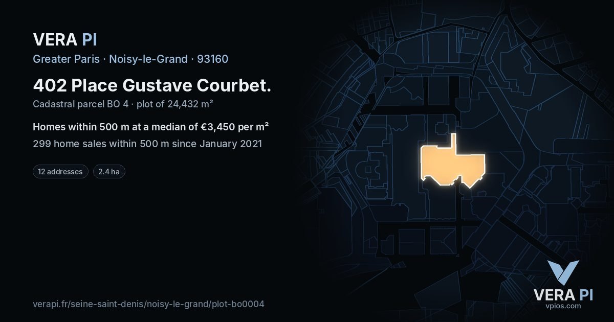 402 Place Gustave Courbet, Noisy-le-Grand at night – the plot lit, the parcels around coloured by the prices near them