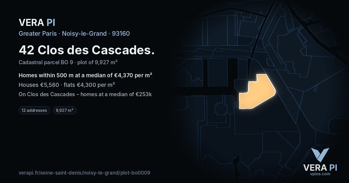 42 Clos des Cascades, Noisy-le-Grand at night – the plot lit, the parcels around coloured by the prices near them