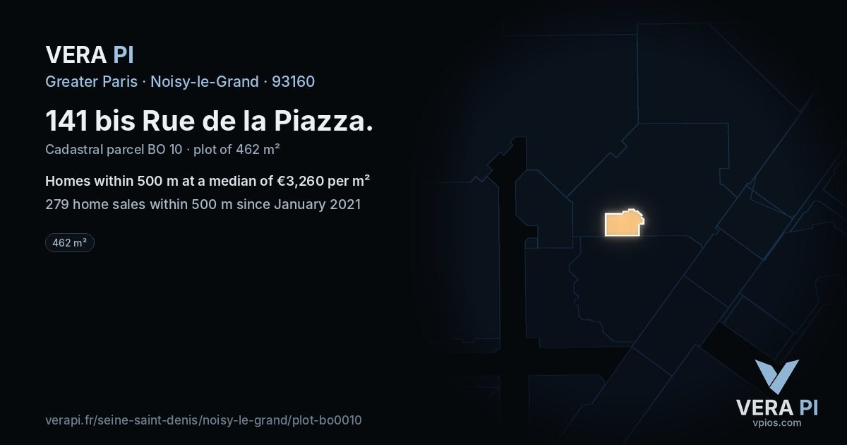 141 bis Rue de la Piazza, Noisy-le-Grand at night – the plot lit, the parcels around coloured by the prices near them