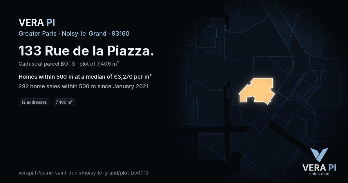 133 Rue de la Piazza, Noisy-le-Grand at night – the plot lit, the parcels around coloured by the prices near them