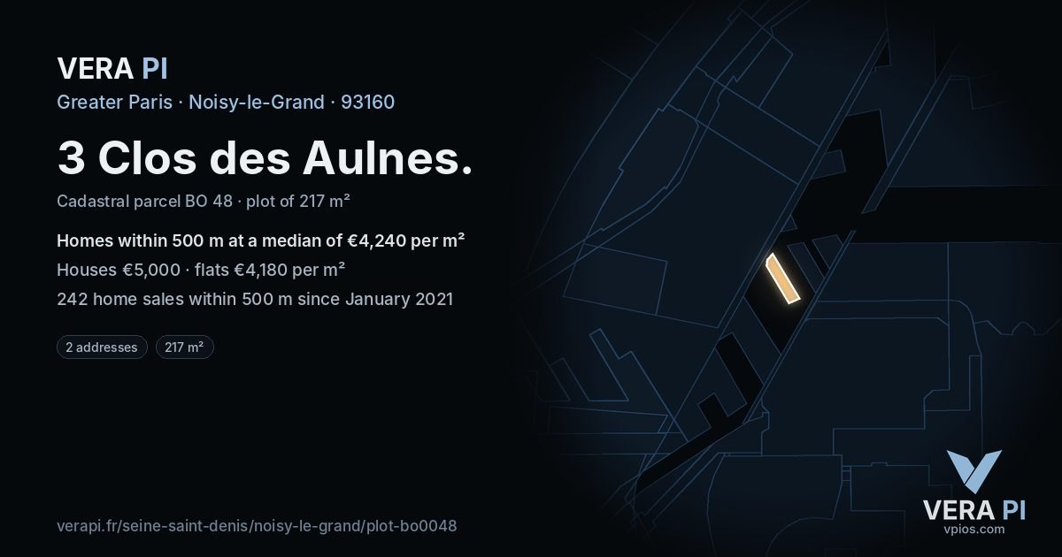 3 Clos des Aulnes, Noisy-le-Grand at night – the plot lit, the parcels around coloured by the prices near them