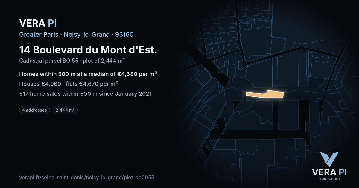14 Boulevard du Mont d'Est, Noisy-le-Grand at night – the plot lit, the parcels around coloured by the prices near them