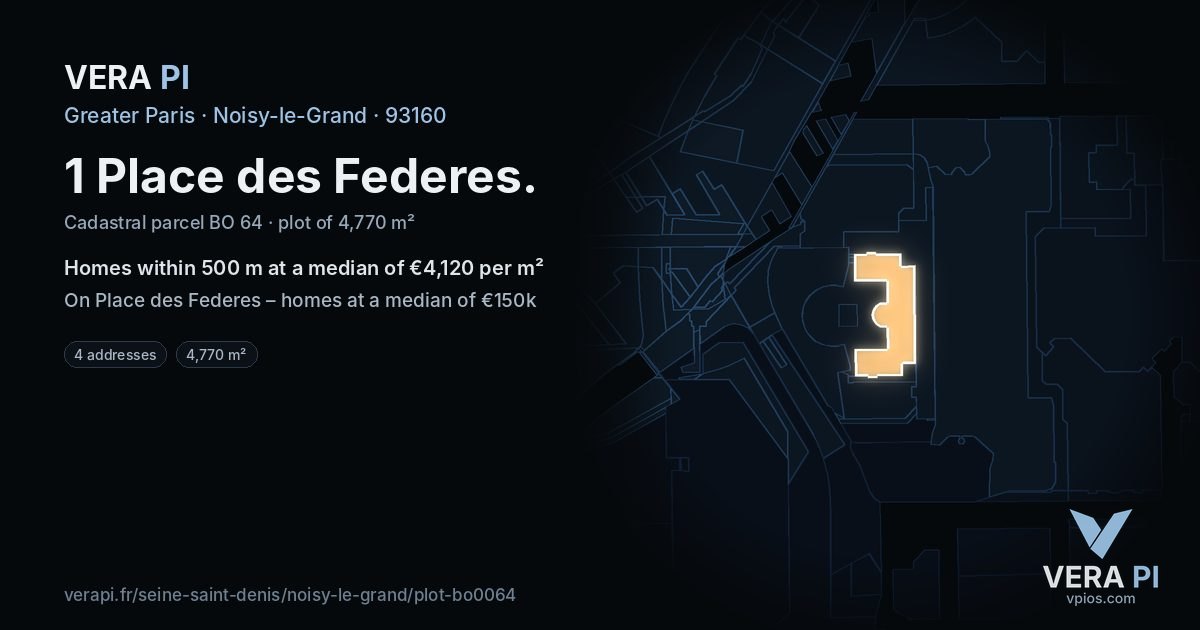 1 Place des Federes, Noisy-le-Grand at night – the plot lit, the parcels around coloured by the prices near them