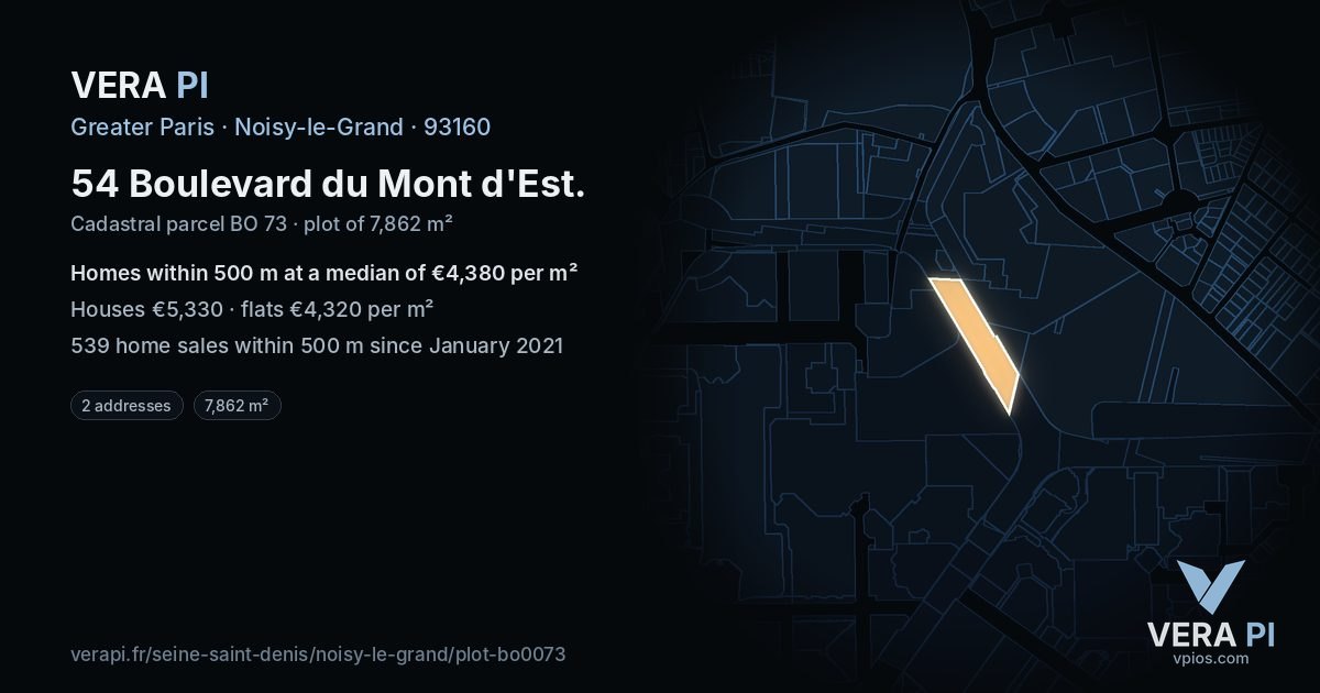 54 Boulevard du Mont d'Est, Noisy-le-Grand at night – the plot lit, the parcels around coloured by the prices near them