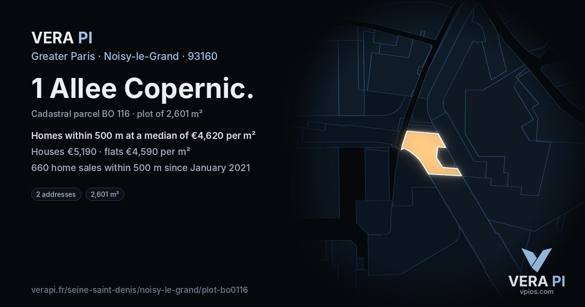 1 Allee Copernic, Noisy-le-Grand at night – the plot lit, the parcels around coloured by the prices near them