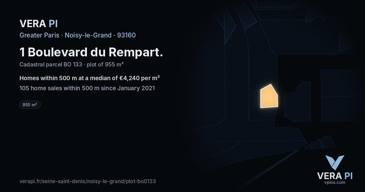1 Boulevard du Rempart, Noisy-le-Grand at night – the plot lit, the parcels around coloured by the prices near them