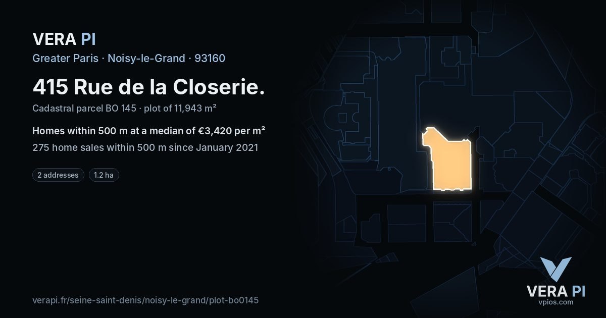 415 Rue de la Closerie, Noisy-le-Grand at night – the plot lit, the parcels around coloured by the prices near them
