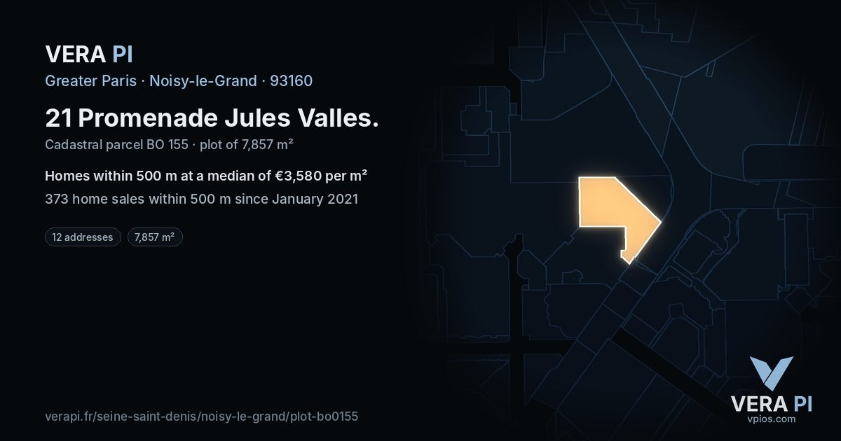 21 Promenade Jules Valles, Noisy-le-Grand at night – the plot lit, the parcels around coloured by the prices near them