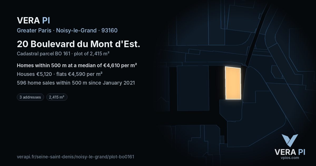 20 Boulevard du Mont d'Est, Noisy-le-Grand at night – the plot lit, the parcels around coloured by the prices near them