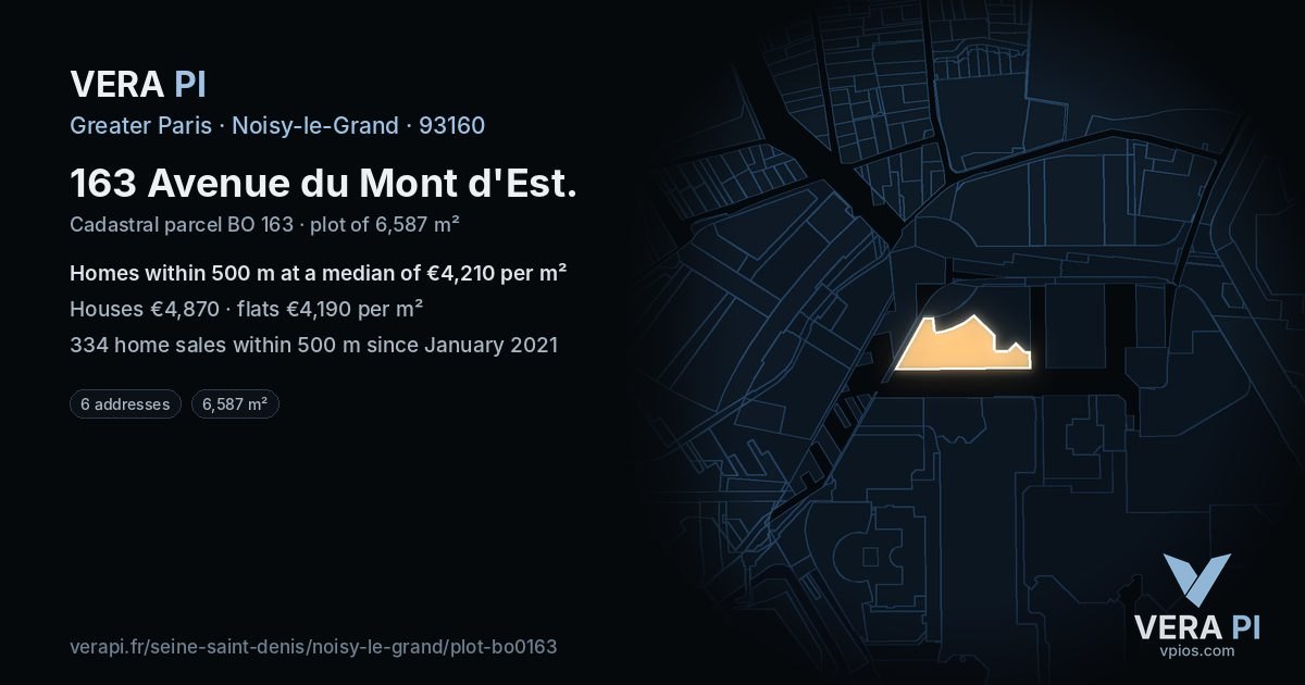 163 Avenue du Mont d'Est, Noisy-le-Grand at night – the plot lit, the parcels around coloured by the prices near them