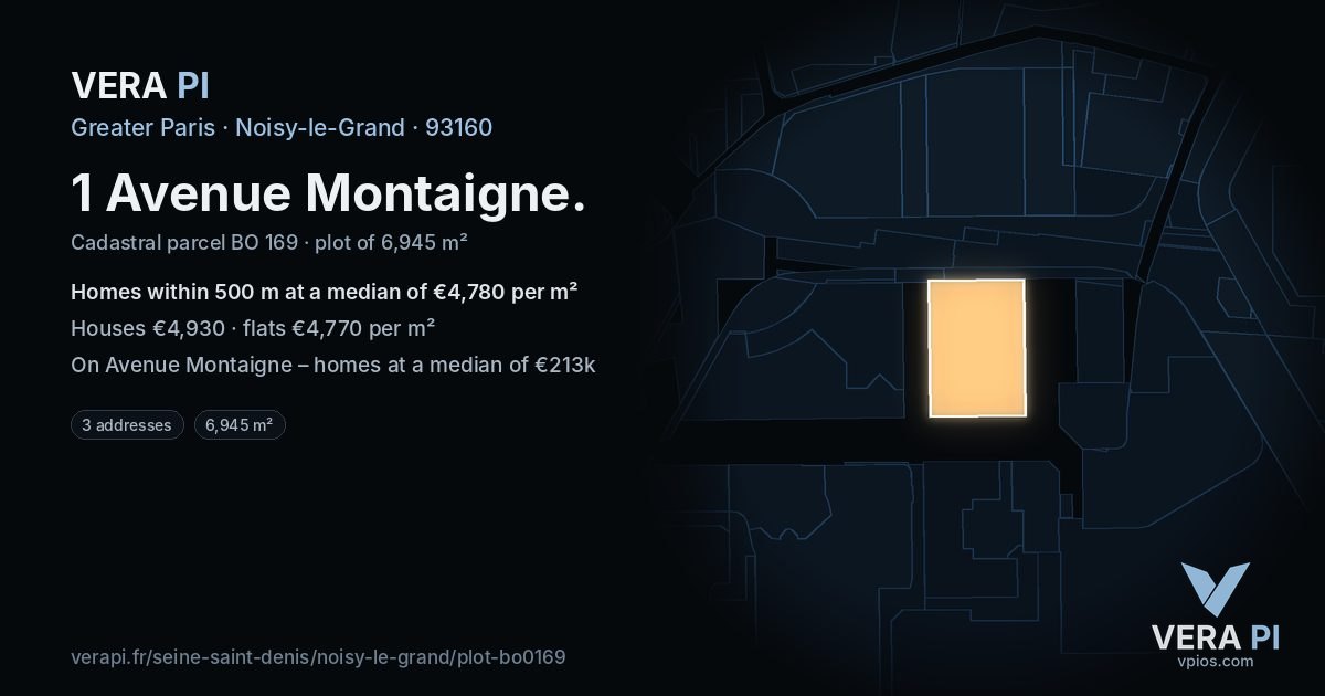 1 Avenue Montaigne, Noisy-le-Grand at night – the plot lit, the parcels around coloured by the prices near them