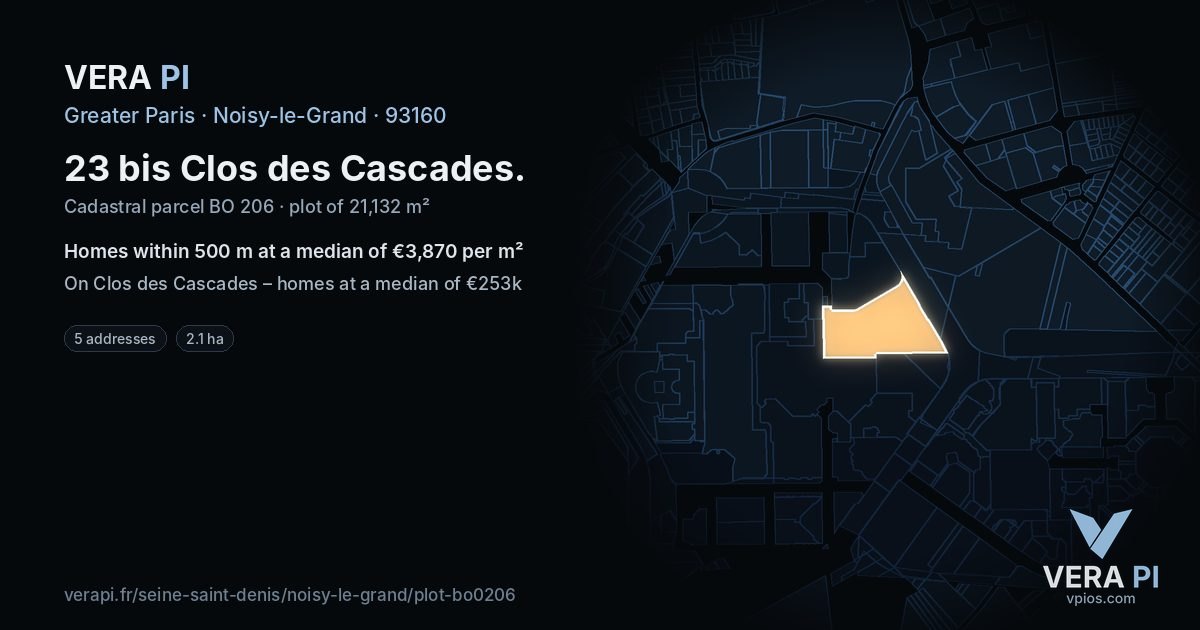 23 bis Clos des Cascades, Noisy-le-Grand at night – the plot lit, the parcels around coloured by the prices near them