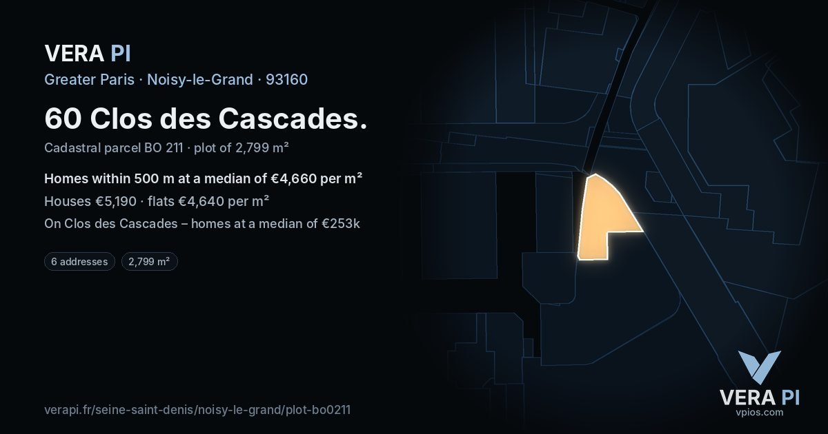 60 Clos des Cascades, Noisy-le-Grand at night – the plot lit, the parcels around coloured by the prices near them