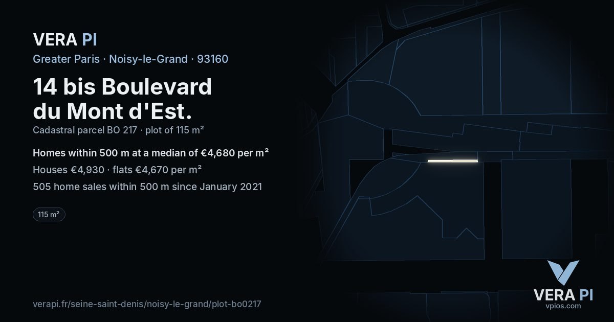 14 bis Boulevard du Mont d'Est, Noisy-le-Grand at night – the plot lit, the parcels around coloured by the prices near them